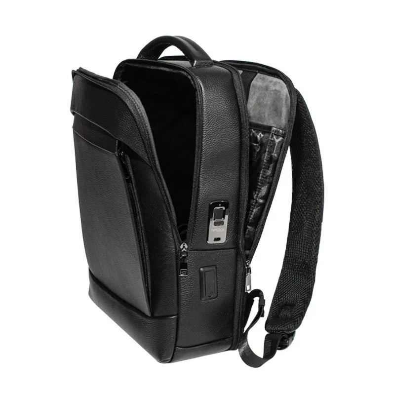Men's secure laptop backpack with fingerprint lock, large capacity, perfect for anti-theft business travel & commute.