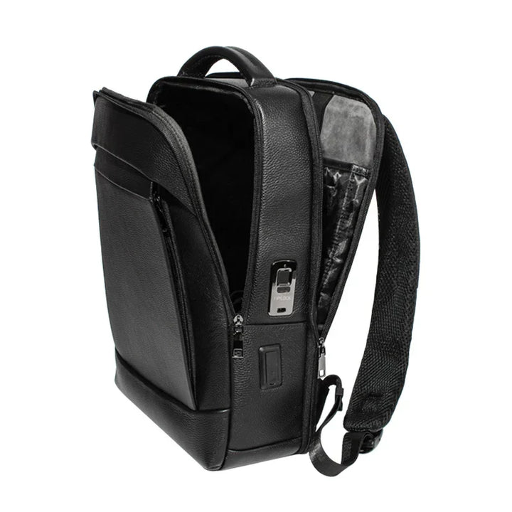 Men's secure laptop backpack with fingerprint lock, large capacity, perfect for anti-theft business travel & commute.
