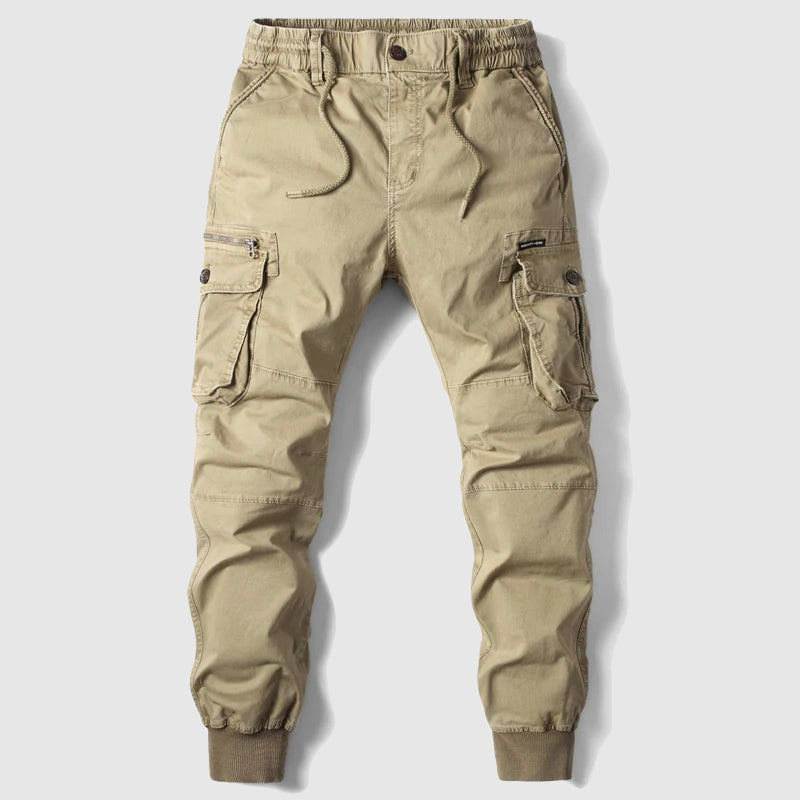 Black men's cargo joggers. Versatile streetwear pants with multiple functional pockets for style and utility.