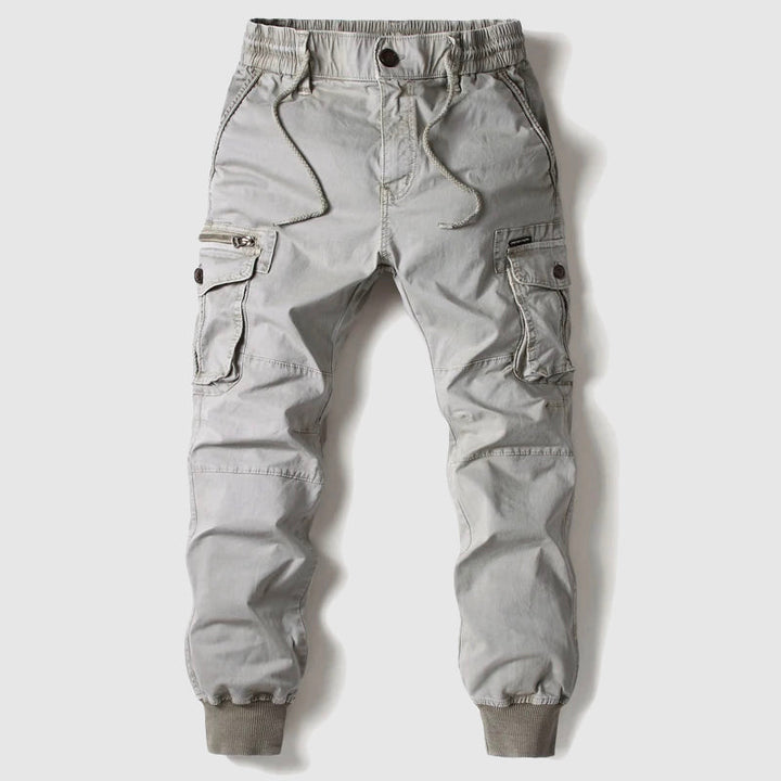 Full shot of men's black cargo jogger pants, showcasing a modern fit perfect for casual & streetwear outfits.