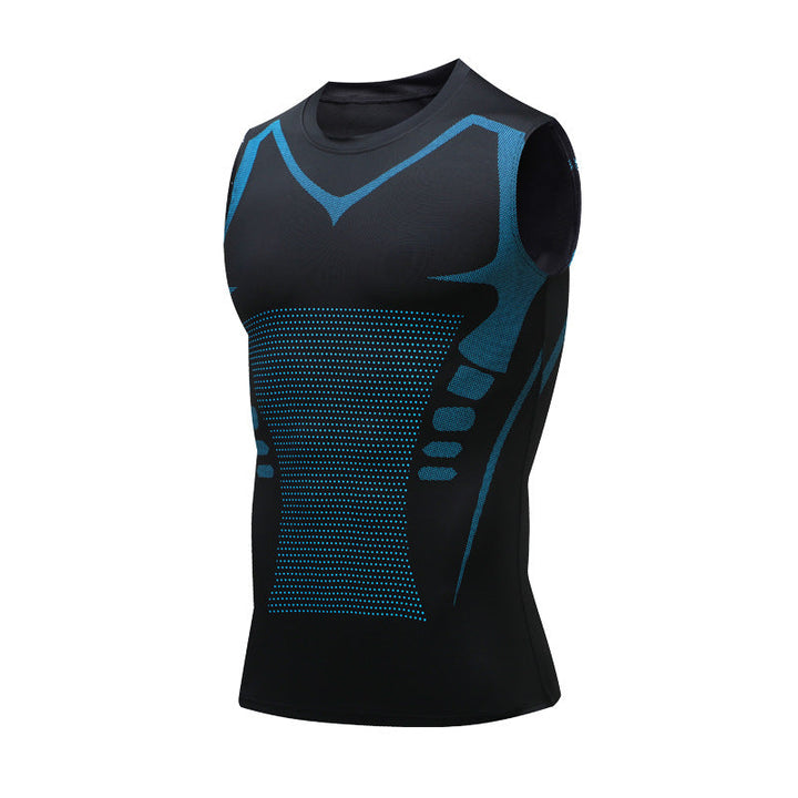 Men's black compression tank top, supportive athletic wear, ideal base layer for fitness & gym workouts.