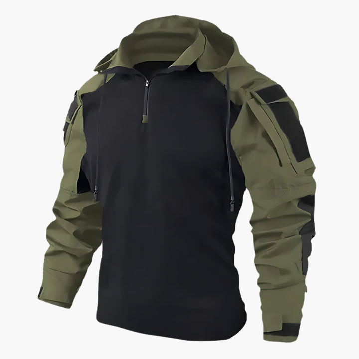 Men's black hooded tactical winter jacket, durable & all-weather, for outdoor activities like hiking.