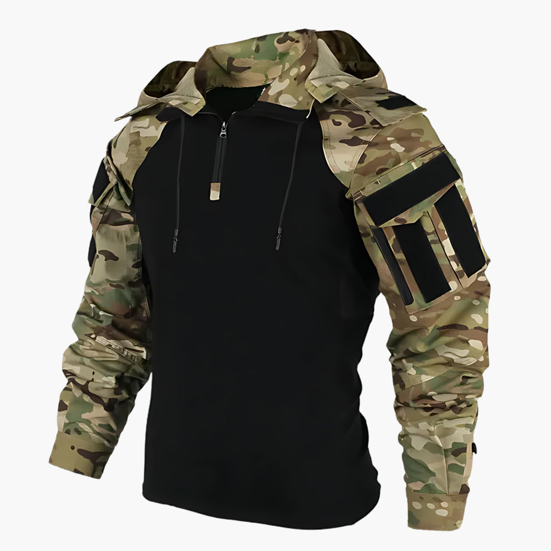 Men's military-style hooded winter jacket, perfect for camping, hiking, and cold weather outdoor adventures.