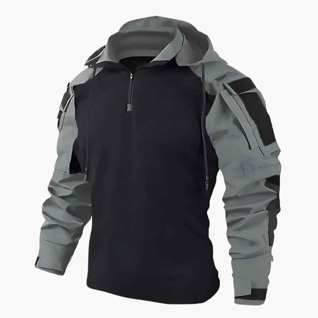 Durable men's tactical winter coat with hood, ideal for extreme cold, tactical use, and outdoor activities.