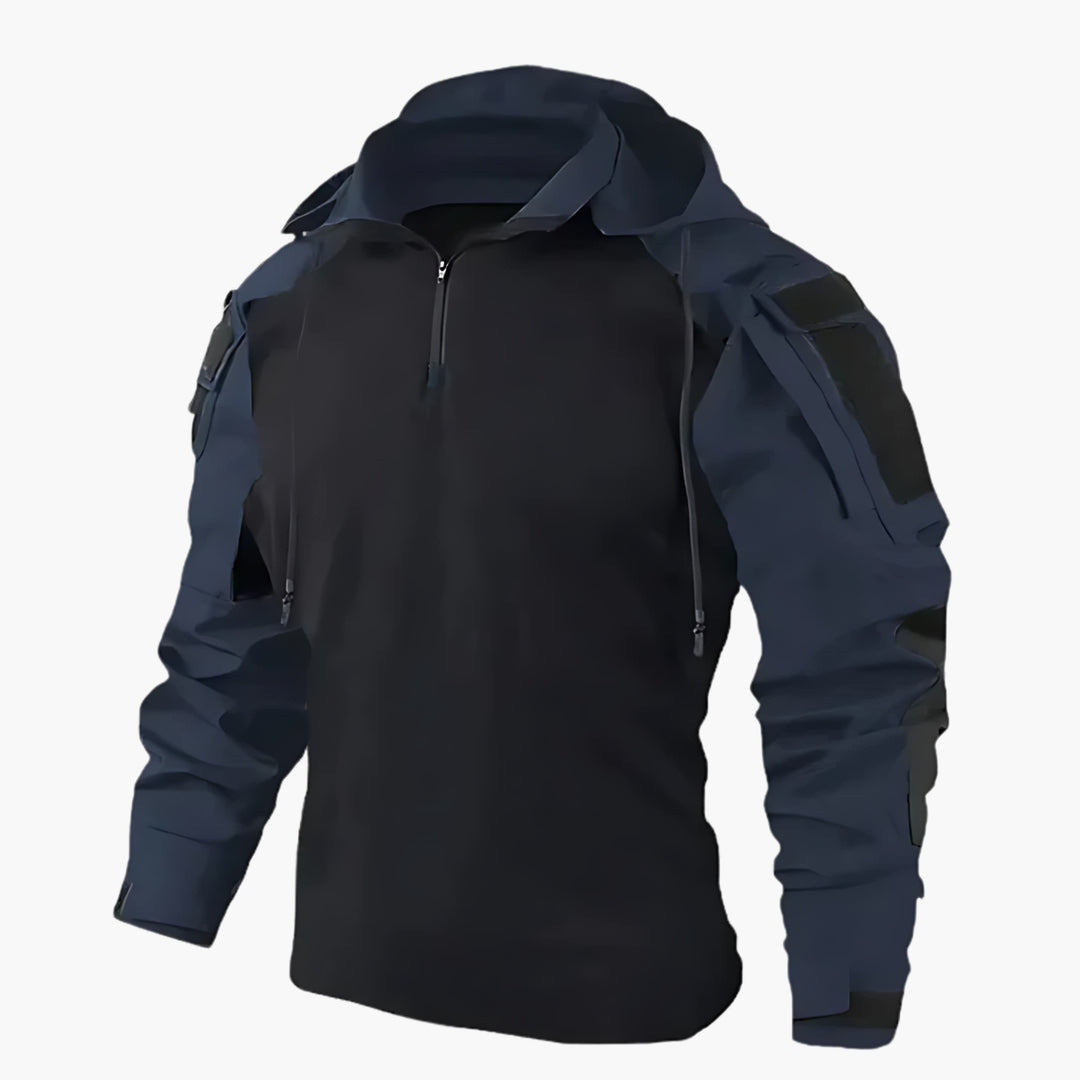 All-weather men's hooded jacket, tactical design, great for winter, hiking, and rugged outdoor use.