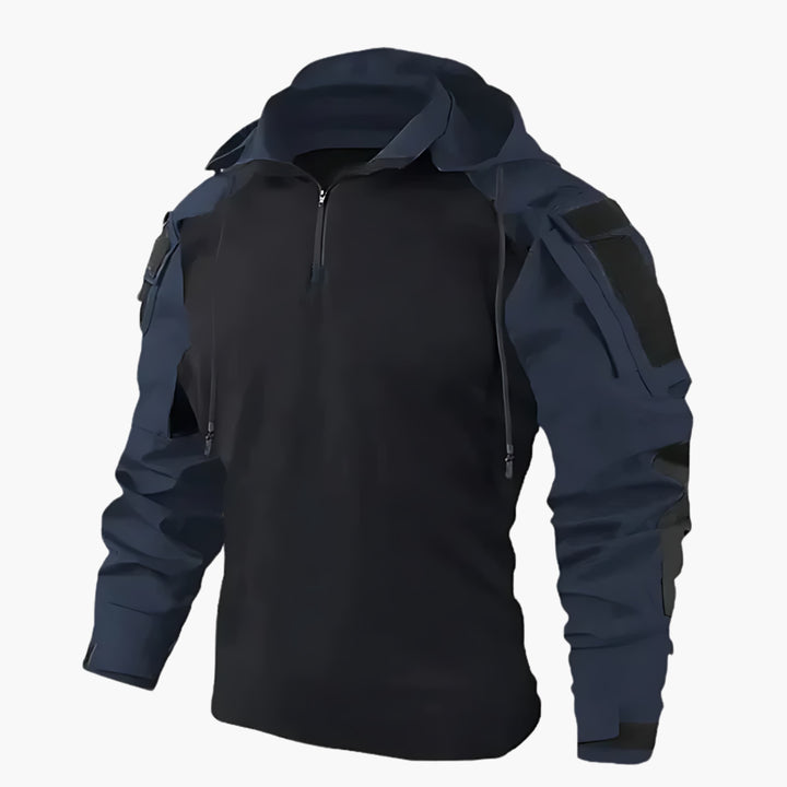 All-weather men's hooded jacket, tactical design, great for winter, hiking, and rugged outdoor use.