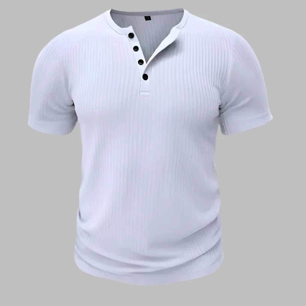 Men's black muscle-fit Henley t-shirt. Sculpted slim fit, short sleeve, ideal for athletic or casual wear.