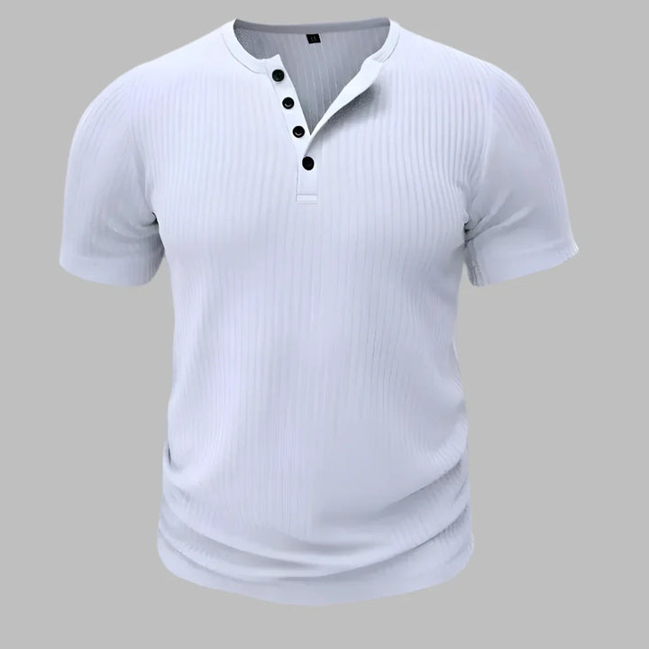 Men's black muscle-fit Henley t-shirt. Sculpted slim fit, short sleeve, ideal for athletic or casual wear.