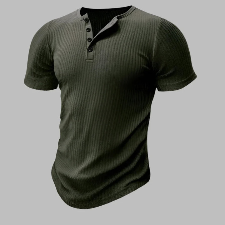 Grey men's muscle-fit Henley t-shirt. Slim fit design enhances physique. Stylish short sleeve for modern men's fashion.