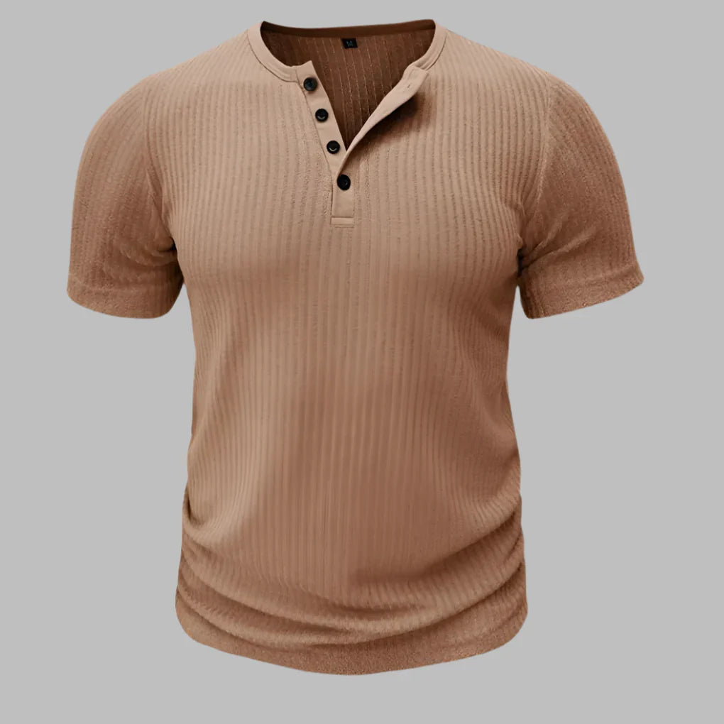 Men's workout Henley t-shirt, muscle-fit, short sleeve. Comfortable athletic top for intense training or active casual wear.