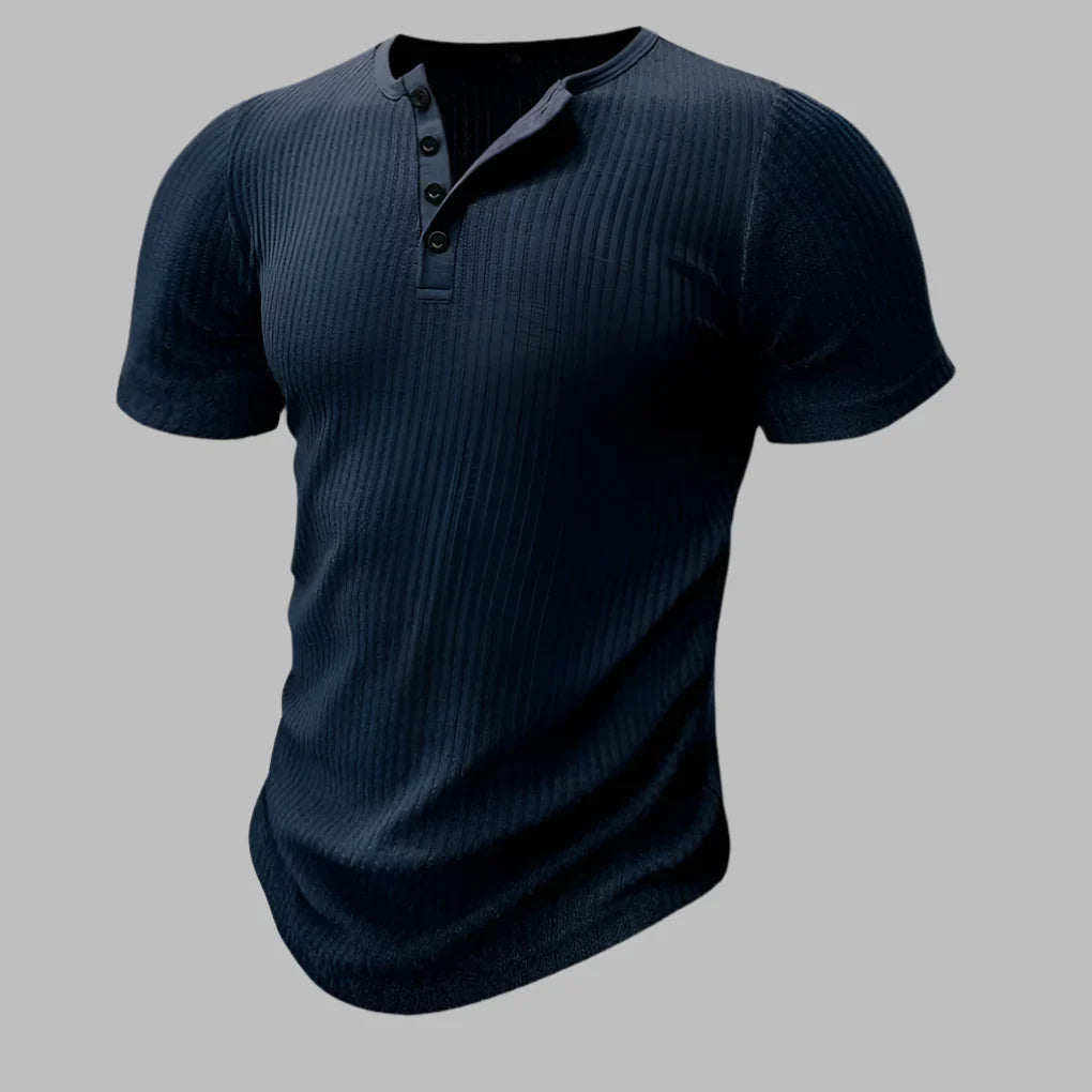 Stylish men's muscle-fit Henley t-shirt with short sleeves. Slim fit design for a modern, sculpted physique look.