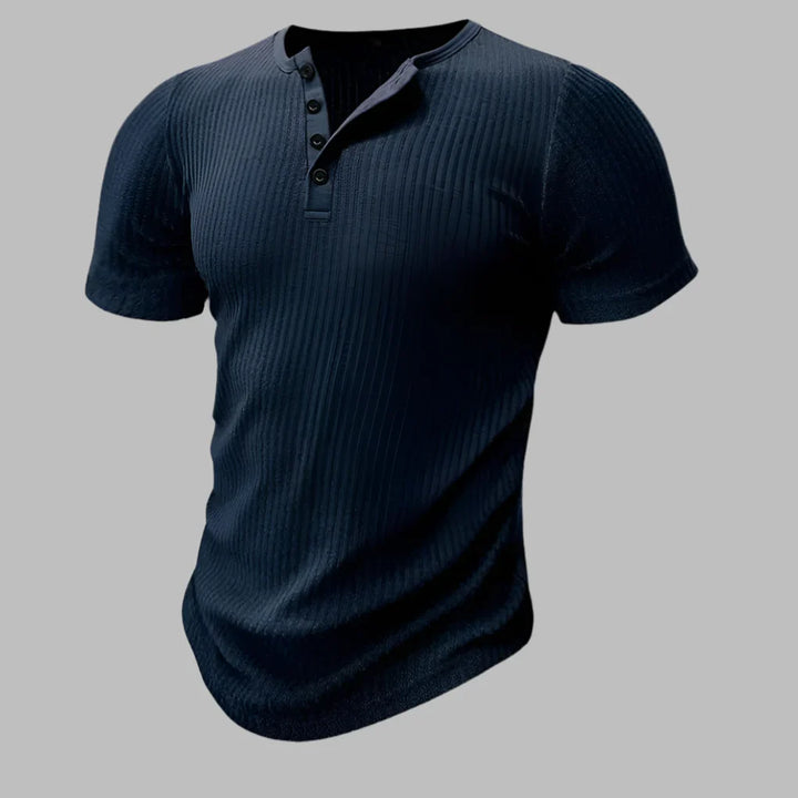 Stylish men's muscle-fit Henley t-shirt with short sleeves. Slim fit design for a modern, sculpted physique look.
