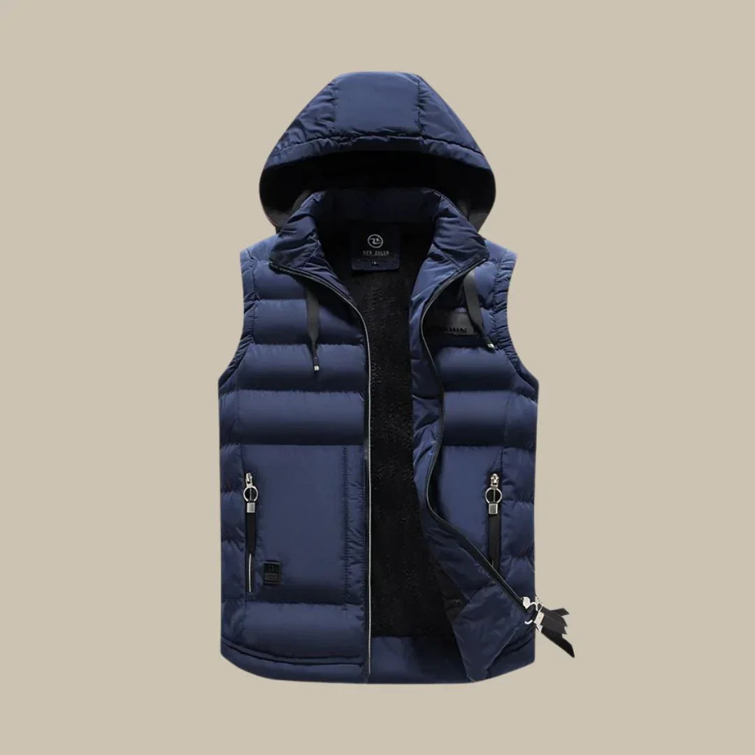 Men's black padded vest, warm & insulated for winter. Perfect for outdoor activities and casual wear.