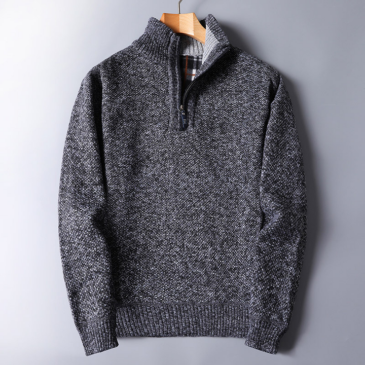 Men's black ribbed quarter zip sweater. Perfect for casual wear, office, or layering in fall and winter fashion.