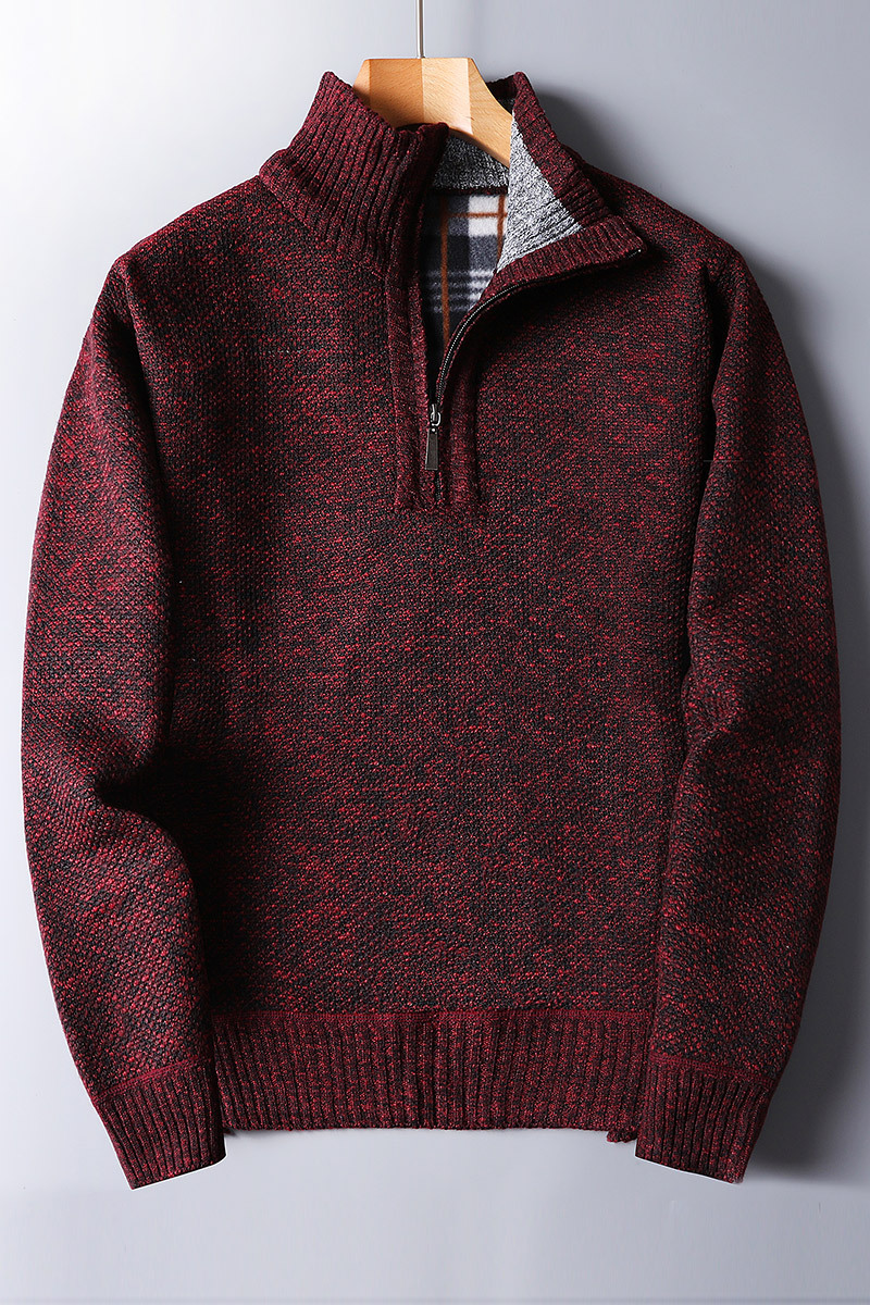 Stylish men's ribbed quarter zip sweater in red. Ideal for casual, smart office, or winter layering.