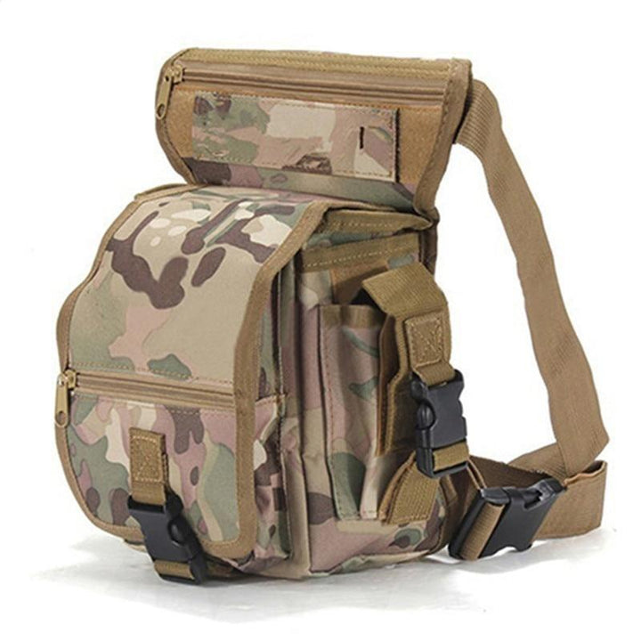 Men's black tactical drop leg bag. Durable, water-resistant Oxford fabric, multi-pocket design for outdoor gear.