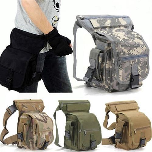 Multi-pocket men's drop leg bag, water-resistant tactical gear. Ideal for motorcycle riders & travel.