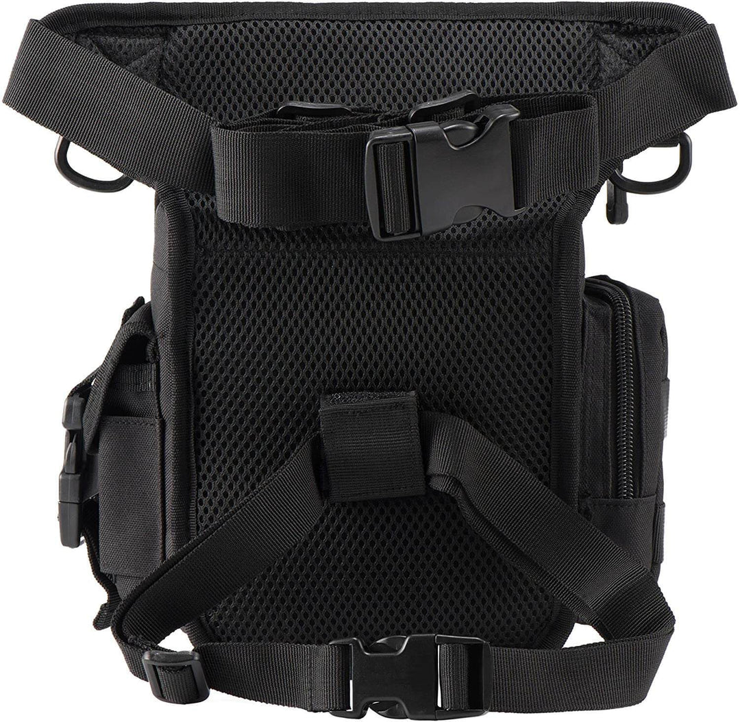 Black tactical utility bag for men. Durable, water-resistant, designed as a practical drop leg pack.