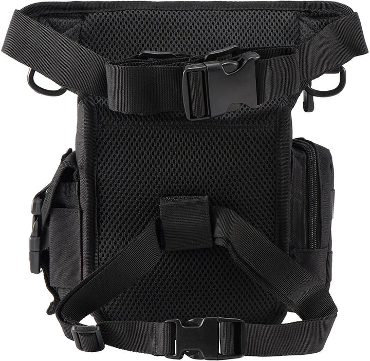 Black tactical utility bag for men. Durable, water-resistant, designed as a practical drop leg pack.
