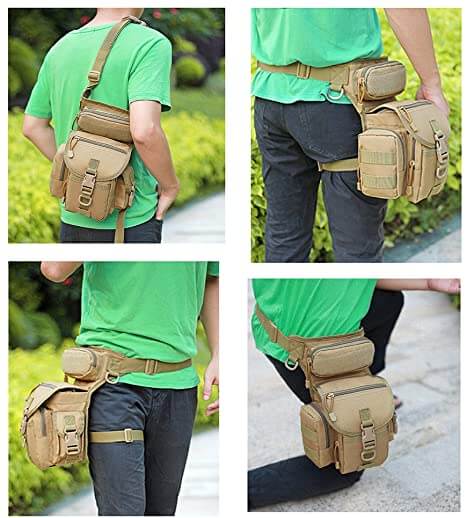 Black tactical drop leg bag for men, featuring water-resistant Oxford fabric & secure multi-pocket storage.