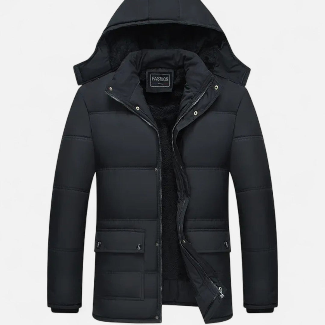 Men's black ultra-warm hooded winter jacket with plush lining, perfect for cold weather outerwear.