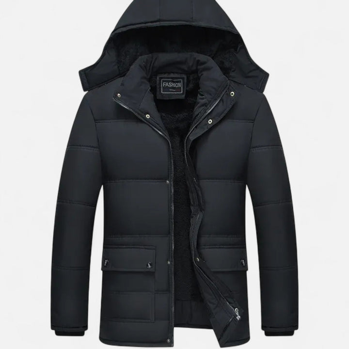 Men's black ultra-warm hooded winter jacket with plush lining, perfect for cold weather outerwear.
