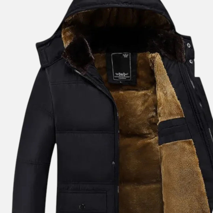 Stylish men's black hooded winter jacket, ultra-warm plush lining, insulated for cold weather protection.