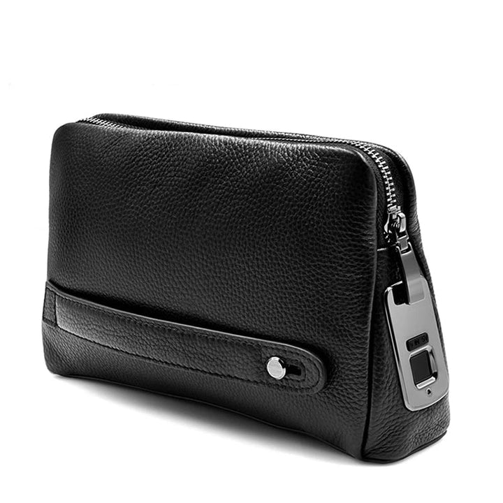 Men's blackish blue leather anti-theft clutch with fingerprint lock. Secure, stylish travel pouch for essentials.