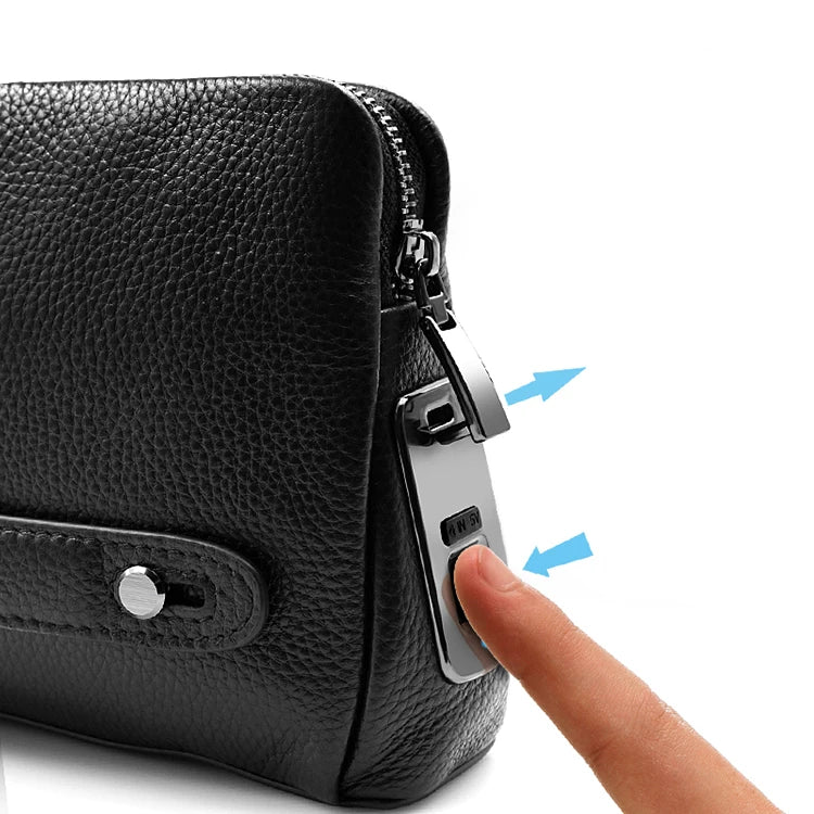 Biometric security: Men's leather anti-theft clutch with fingerprint lock. Protect valuables in this secure travel wallet.