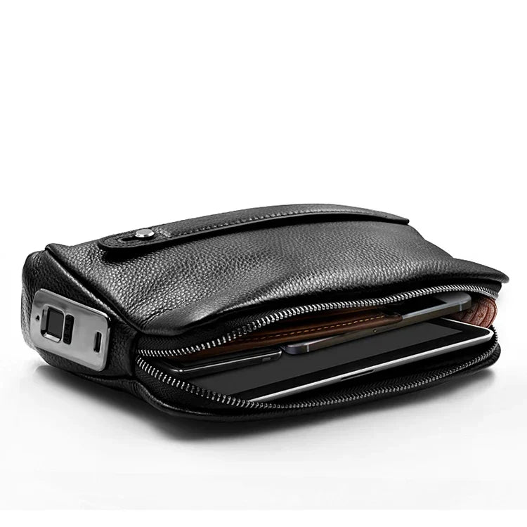 Sophisticated men's blackish blue leather clutch bag with advanced anti-theft fingerprint lock. A fashion accessory.
