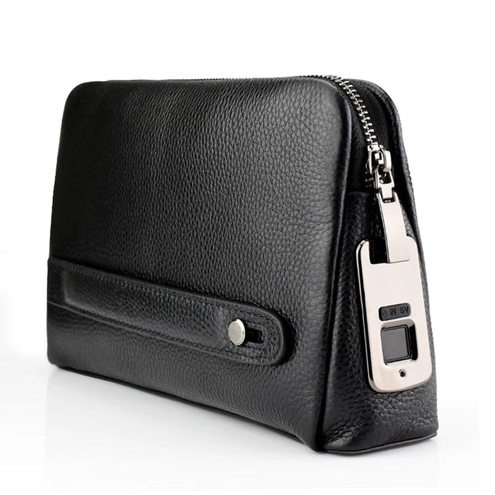 Close-up of men's blackish blue leather clutch showcasing the integrated fingerprint lock for anti-theft security.