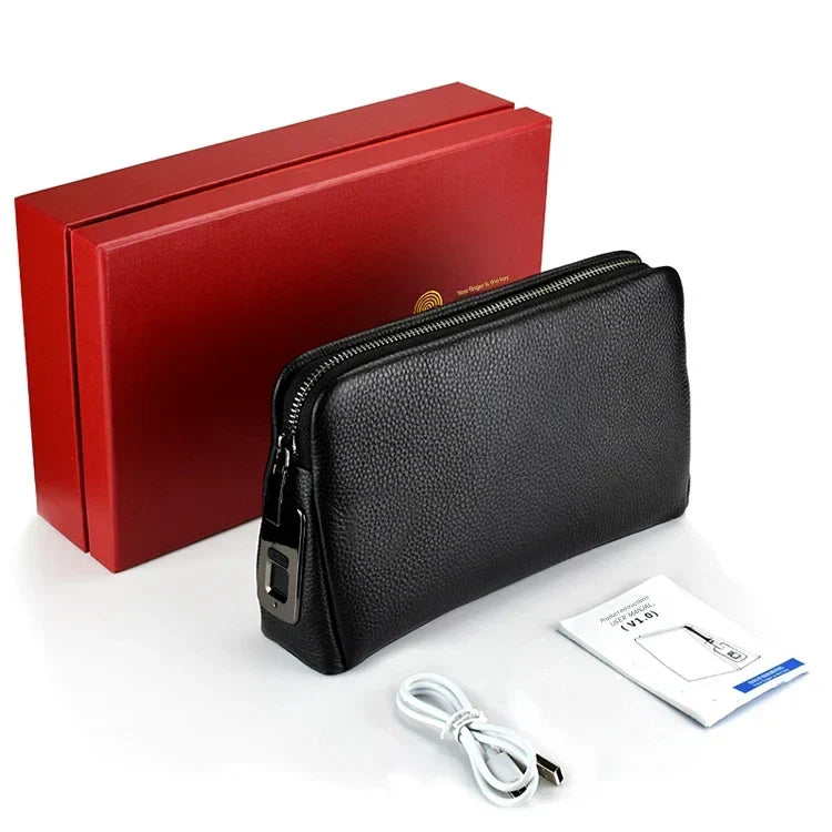 Stylish men's leather anti-theft travel pouch featuring a biometric fingerprint lock. Secure wallet, modern design.