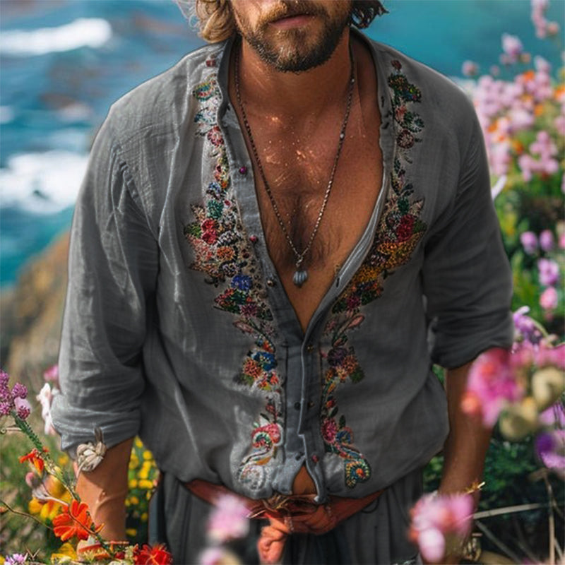 Breezy men's casual summer shirt with grandad collar. Relaxed fit, ideal for warm weather & stylish holiday fashion.