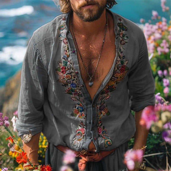 Breezy men's casual summer shirt with grandad collar. Relaxed fit, ideal for warm weather & stylish holiday fashion.