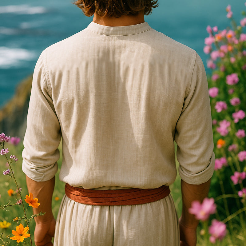 Relaxed fit men's bohemian summer shirt with grandad collar. Casual long sleeve button-up for stylish men's fashion.