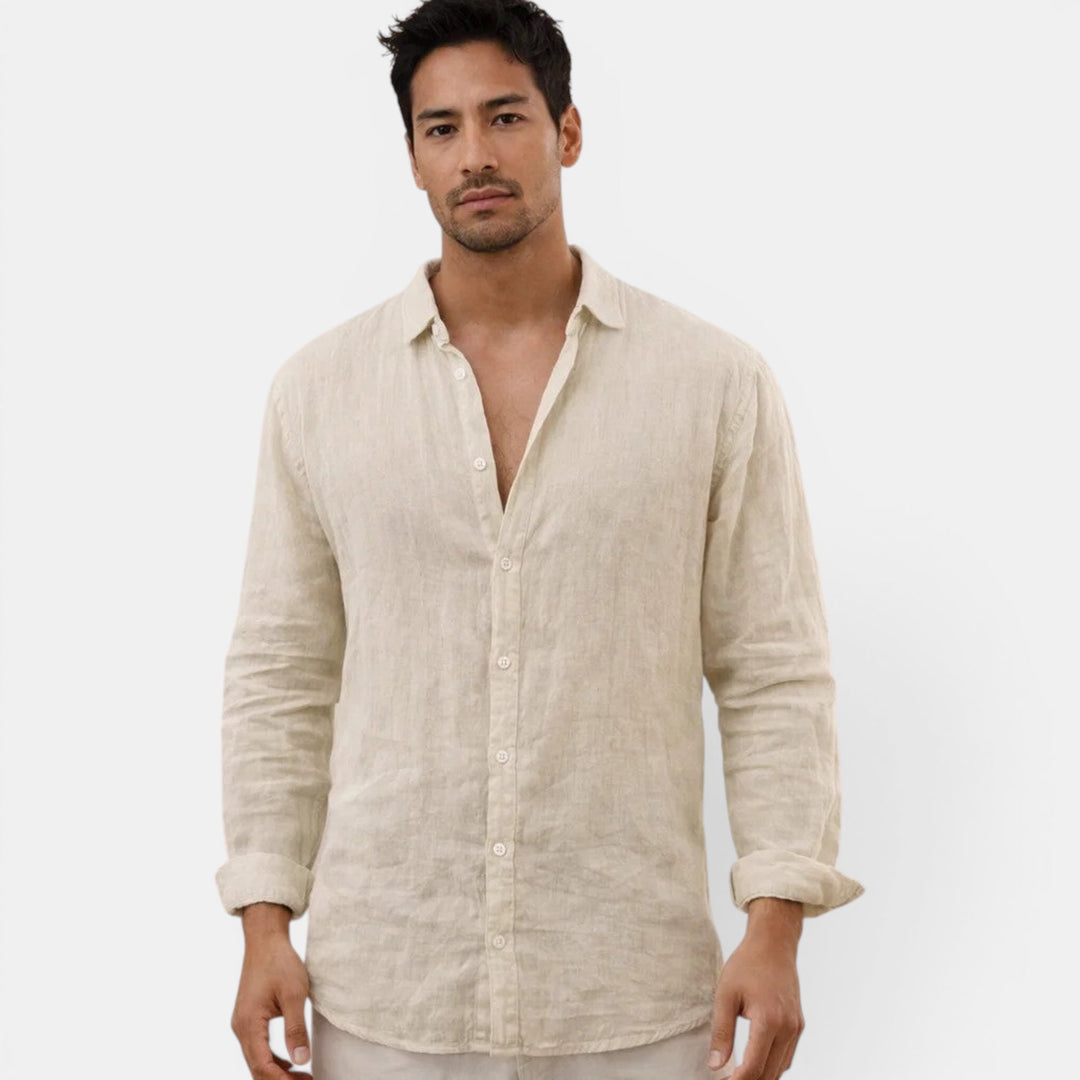 Detail of classic buttons on a men's casual button up shirt, relaxed fit, for smart casual styling.