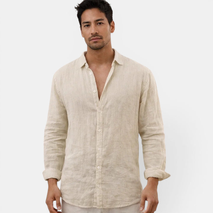 Detail of classic buttons on a men's casual button up shirt, relaxed fit, for smart casual styling.