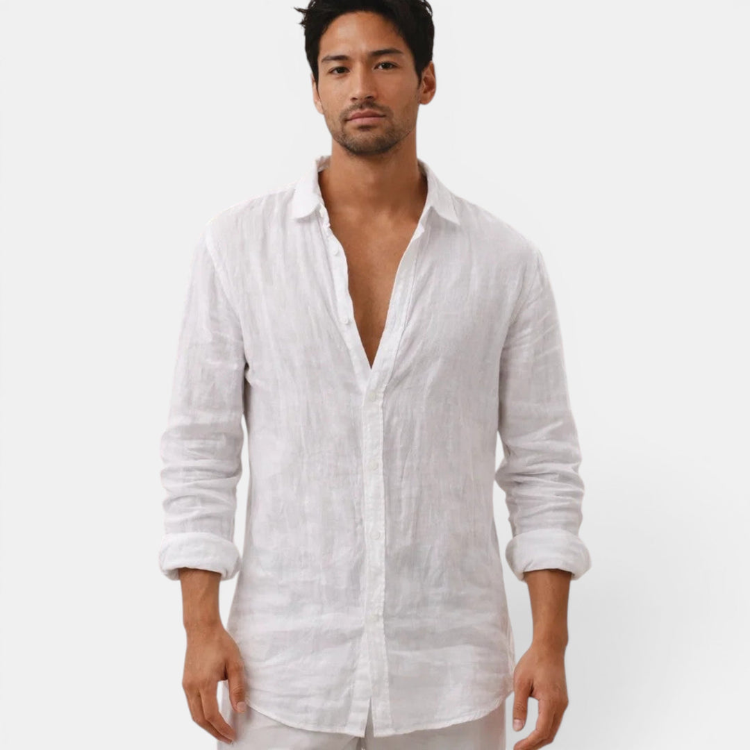 Men's stylish breathable button up shirt, relaxed fit, embodying a sophisticated old money aesthetic.