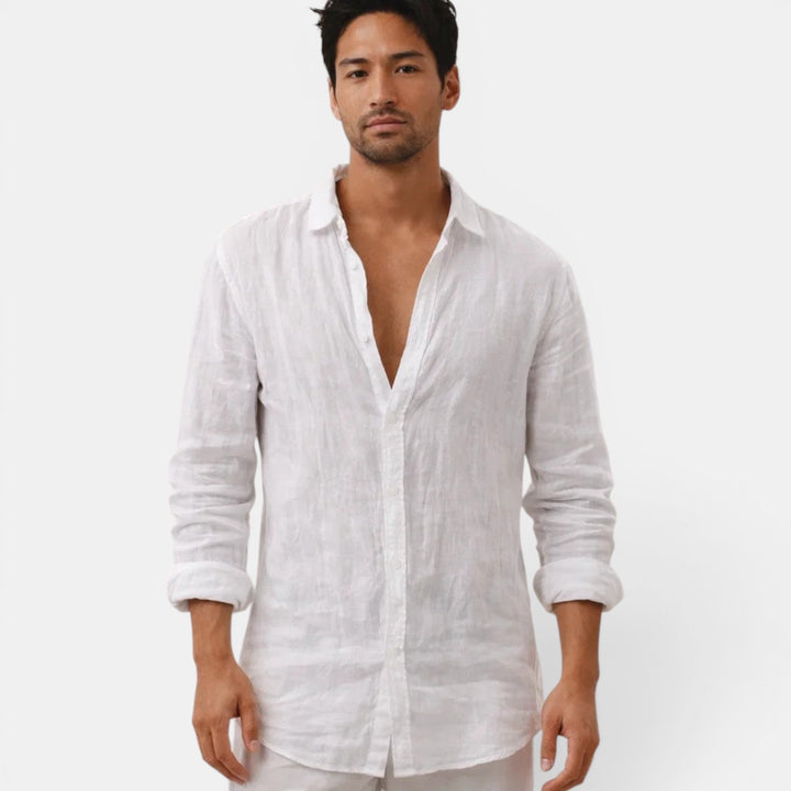 Men's stylish breathable button up shirt, relaxed fit, embodying a sophisticated old money aesthetic.