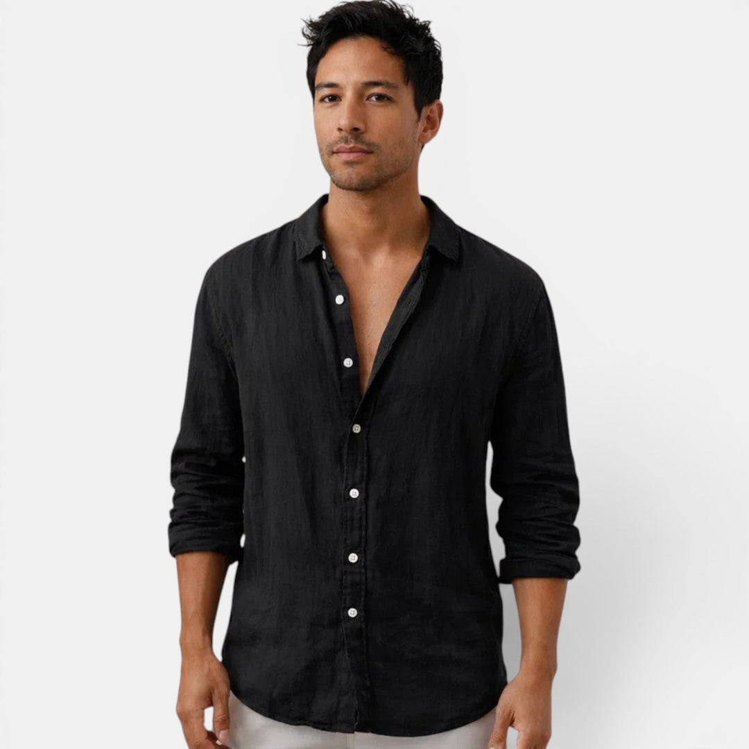 Full-length view of men's comfortable long sleeve button up shirt, relaxed fit, for everyday summer.