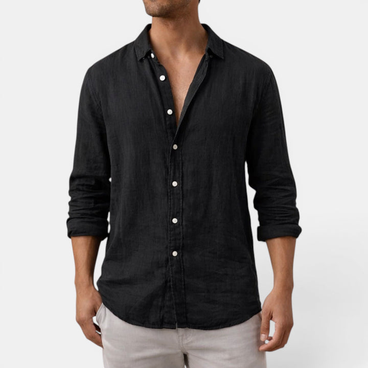Versatile men's long sleeve button up shirt, relaxed fit, suitable for an old money aesthetic.