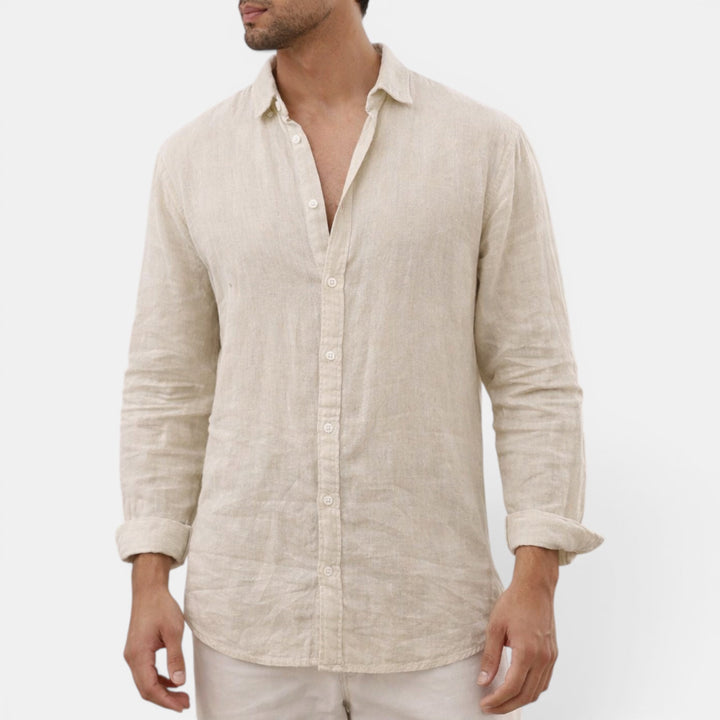 Men's relaxed fit long sleeve button up shirt, breathable design, offering comfort & modern style.