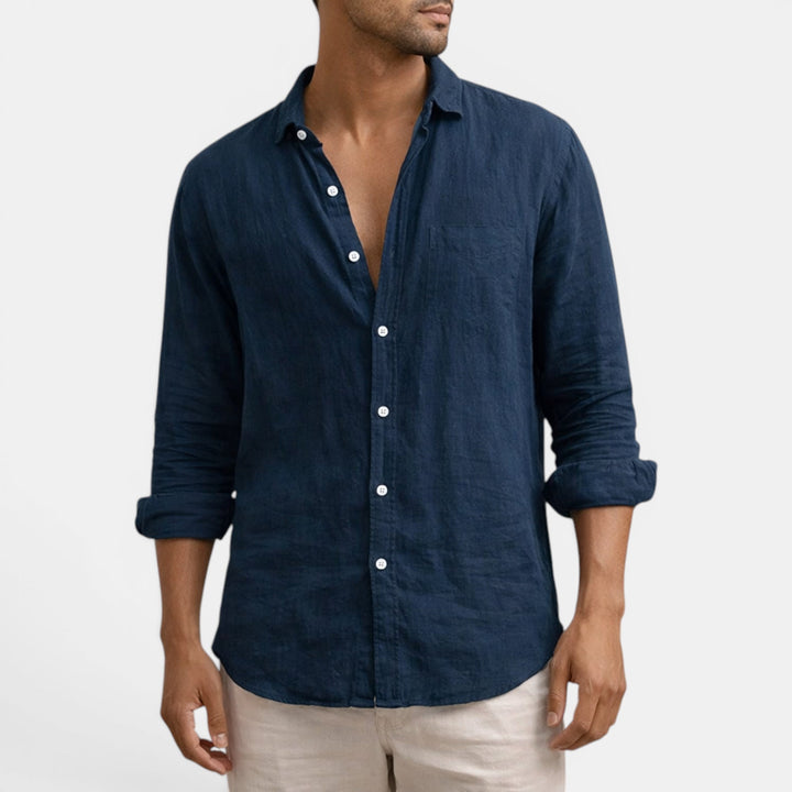Comfortable men's casual button up shirt in relaxed fit, perfect for movement and summer activities.