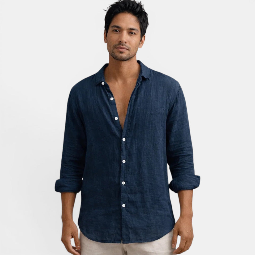 New men's breathable casual button up shirt, relaxed fit, ready for your stylish summer wardrobe.