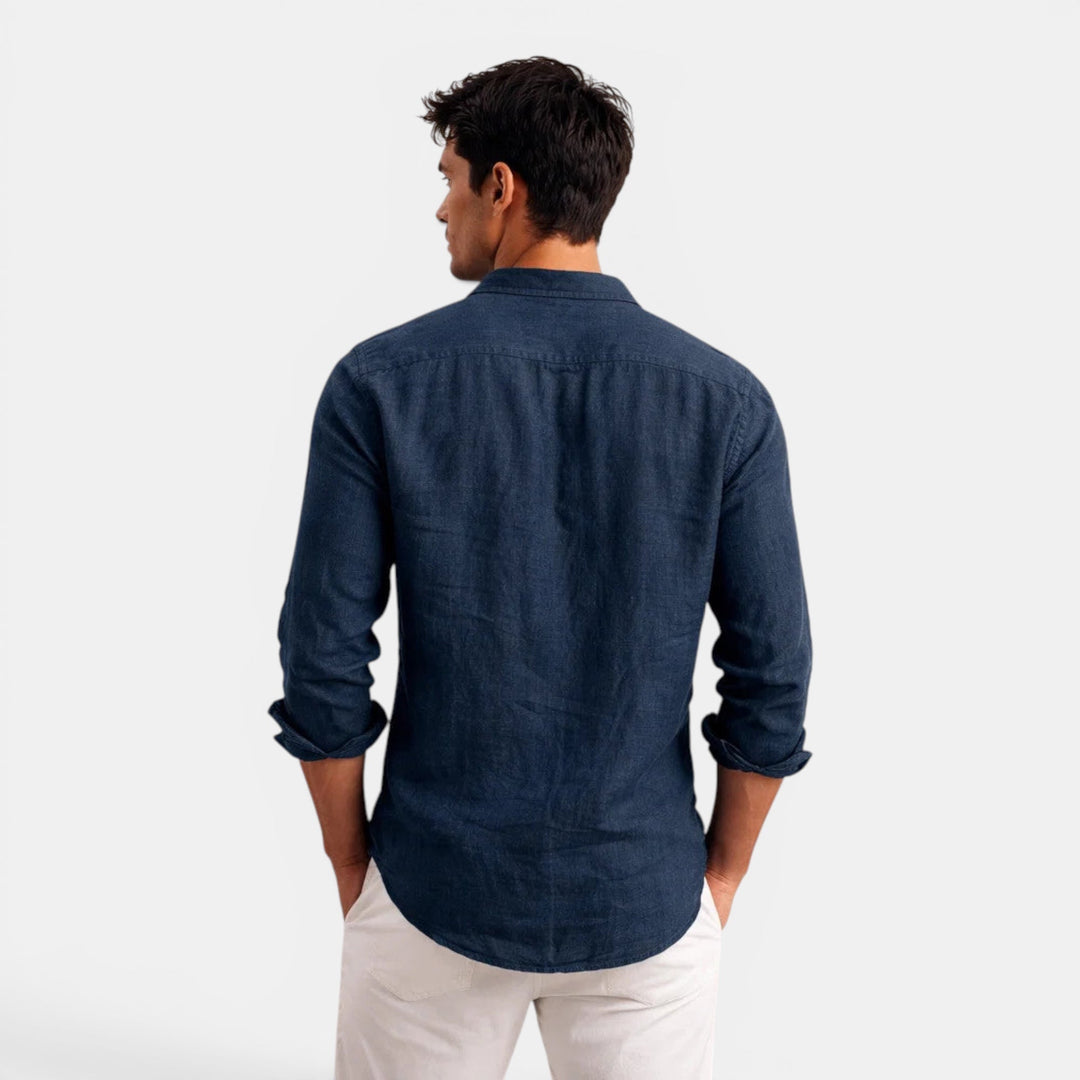 Men's stylish long sleeve button up shirt, relaxed fit, showcasing breathable men's fashion.