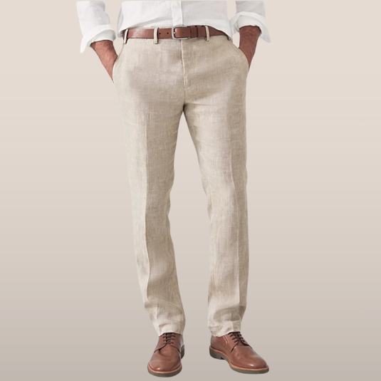 Men's breathable modern fit linen summer trousers. Lightweight pants for warm weather and casual style.