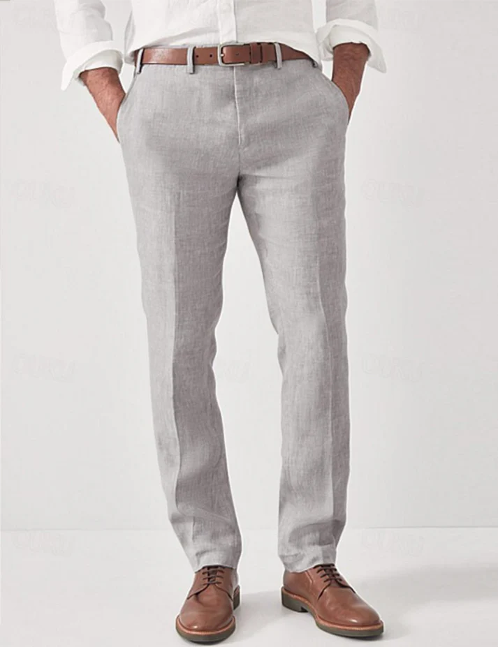 Smart casual men's lightweight linen summer pants. Modern fit breathable trousers for versatile warm weather wear.