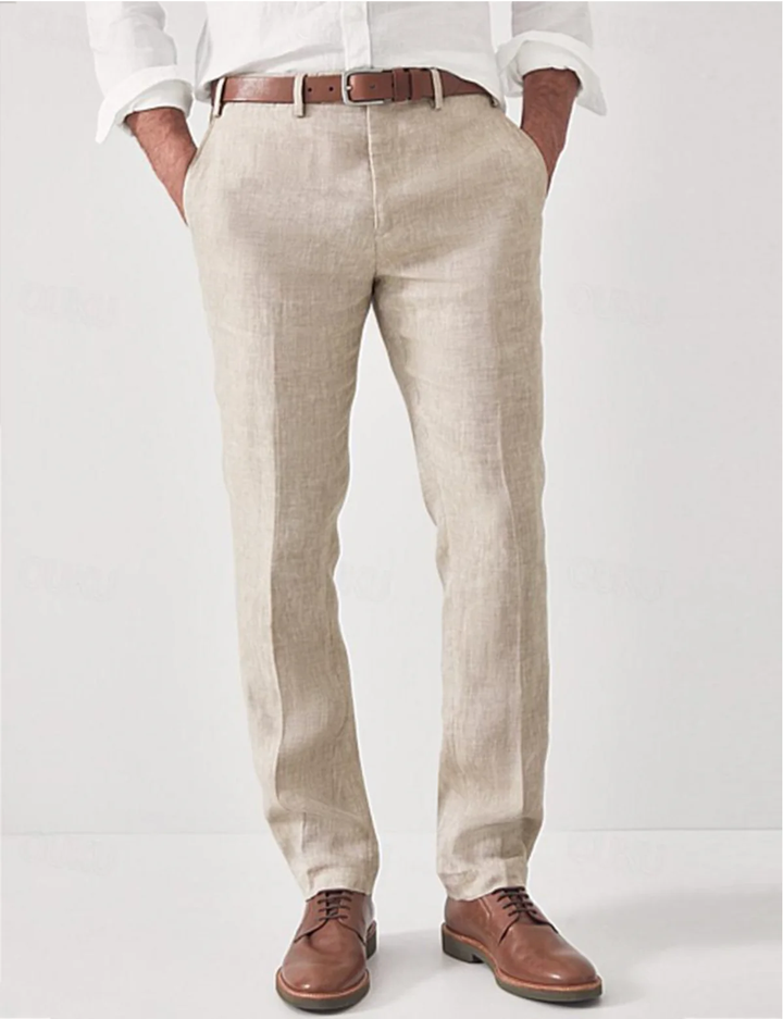 Versatile men's modern fit linen trousers, ideal for summer. Breathable lightweight pants for smart casual looks.