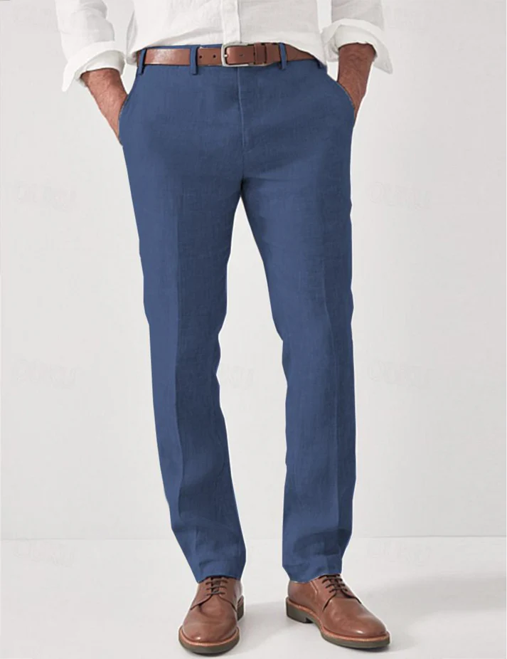 Men's modern fit linen summer trousers. Lightweight, breathable bottoms perfect for warm weather casual fashion.