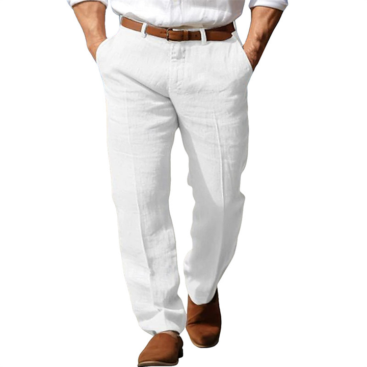 Men's breathable linen summer trousers with a modern fit. Ideal lightweight pants for warm weather and casual wear.